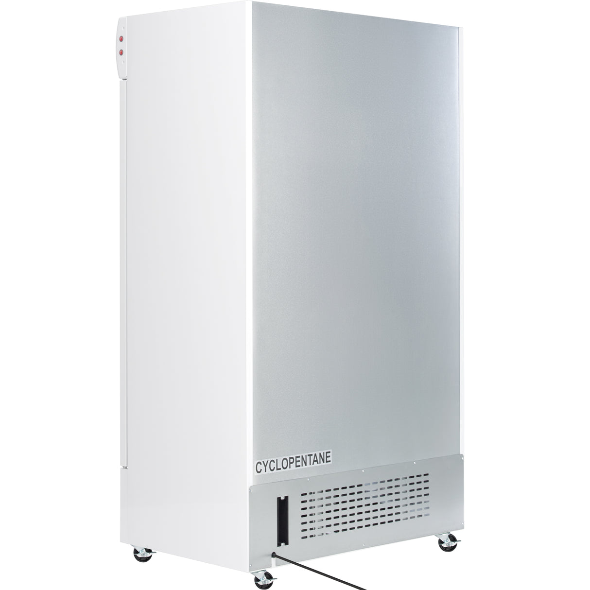 A tall, white commercial refrigerator stands on four wheels. The closed door has a smooth, metallic finish, vents on the bottom front panel with "CYCLOPENTANE" above, and a black power cord extending outward.
