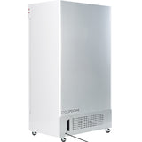 A tall, white commercial refrigerator stands on four wheels. The closed door has a smooth, metallic finish, vents on the bottom front panel with "CYCLOPENTANE" above, and a black power cord extending outward.