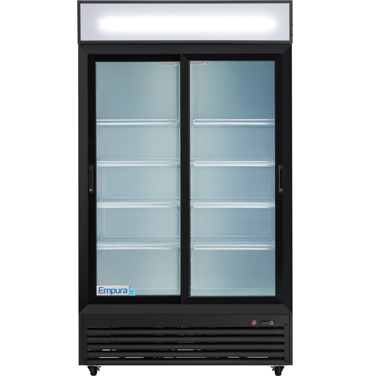 A commercial refrigerated merchandiser with two glass sliding doors, five adjustable metal shelves, and a bright interior light. Features a black frame, bottom vent and control panel, plus a blank illuminated sign on top. Brand label Empura visible.