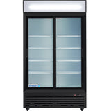 A commercial refrigerated merchandiser with two glass sliding doors, five adjustable metal shelves, and a bright interior light. Features a black frame, bottom vent and control panel, plus a blank illuminated sign on top. Brand label Empura visible.