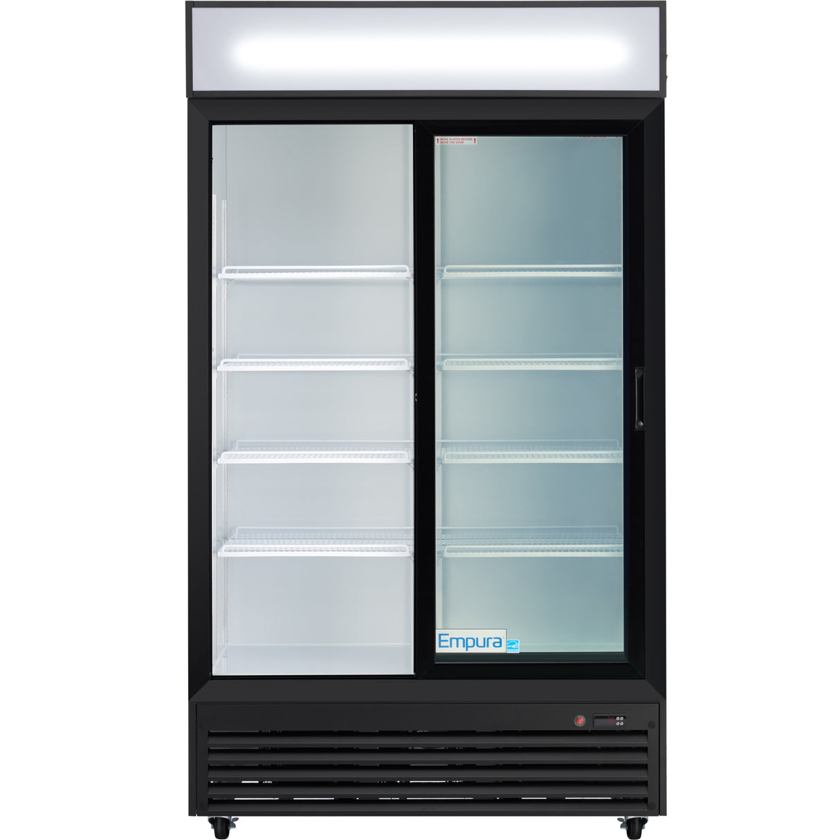 A commercial refrigerator featuring glass sliding doors, black frame, white interior, five adjustable shelves per side, interior lighting, and the Empura logo on the lower right glass door. The refrigerated merchandiser is empty.