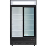 A commercial refrigerator featuring glass sliding doors, black frame, white interior, five adjustable shelves per side, interior lighting, and the Empura logo on the lower right glass door. The refrigerated merchandiser is empty.