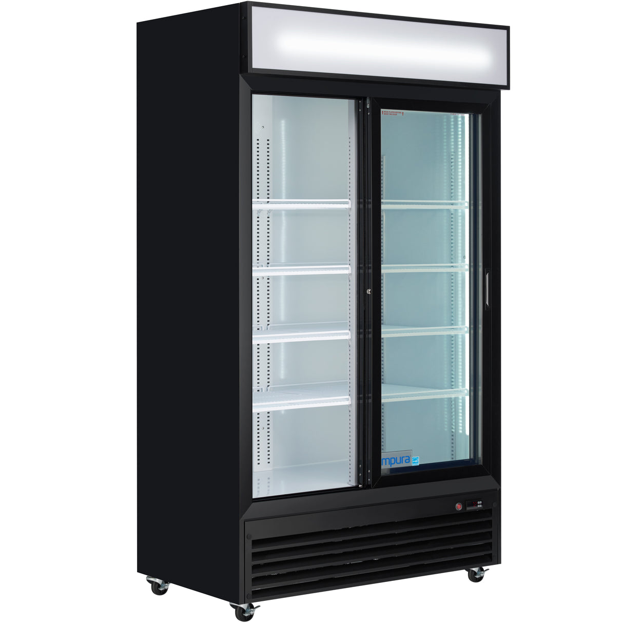 A commercial refrigerator with black exterior, glass sliding doors, white interior, multiple adjustable shelves, bright internal lighting, a blank illuminated sign at the top, and ventilation grilles at the bottom—ideal as a refrigerated merchandiser.