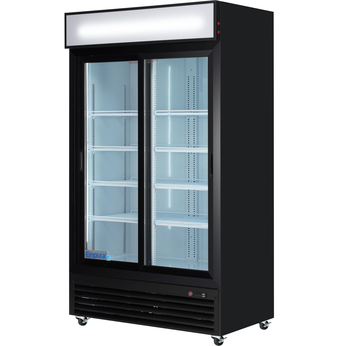 A commercial refrigerated merchandiser with black double-glass sliding doors, interior lighting, multiple white shelves, and a top lightbox sign. This display fridge stands on four wheels and features a visible brand logo inside.