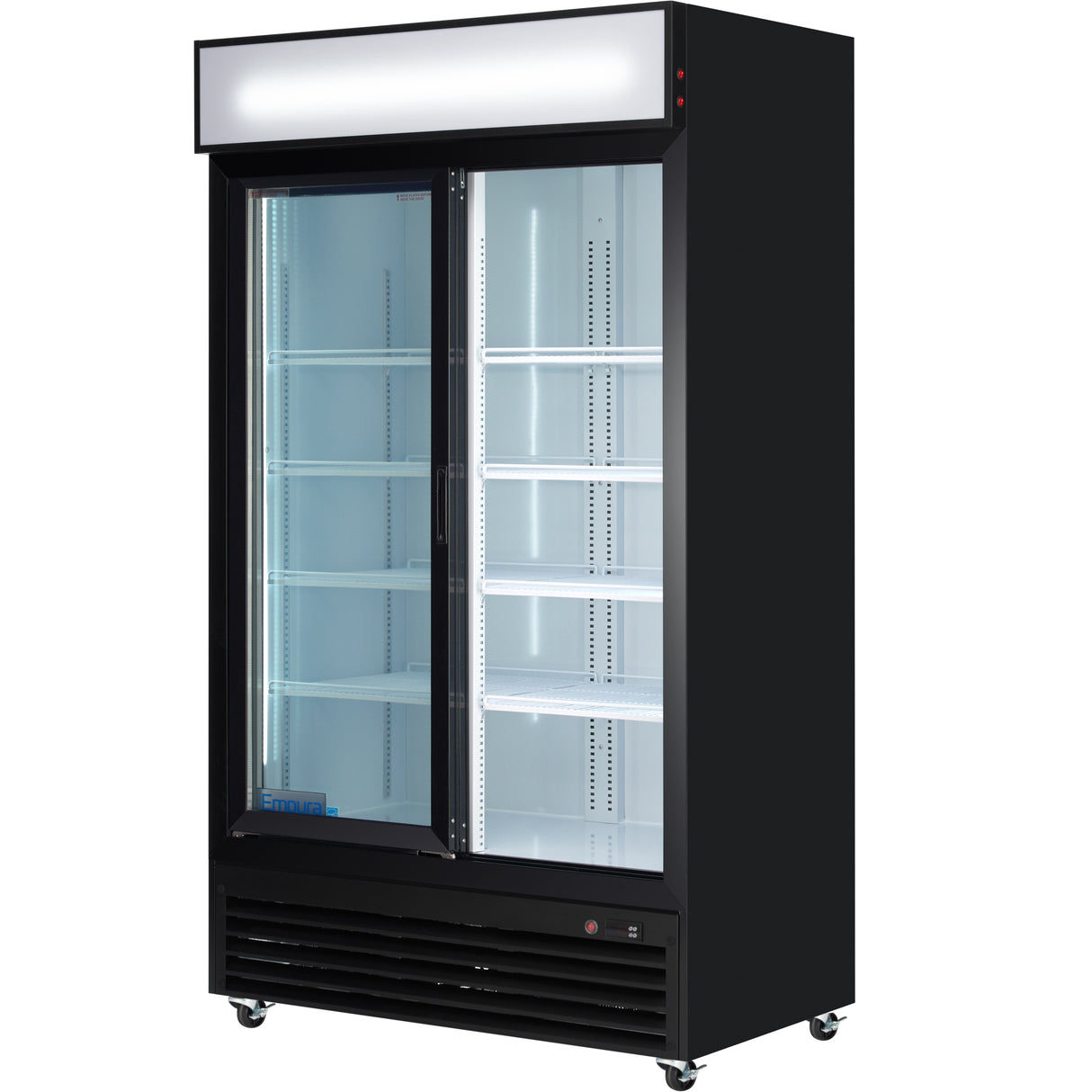 A large commercial refrigerator with glass sliding doors, a sleek black exterior, adjustable white shelves, an illuminated blank panel on top, and wheels for mobility. This refrigerated merchandiser is empty and ready for use.