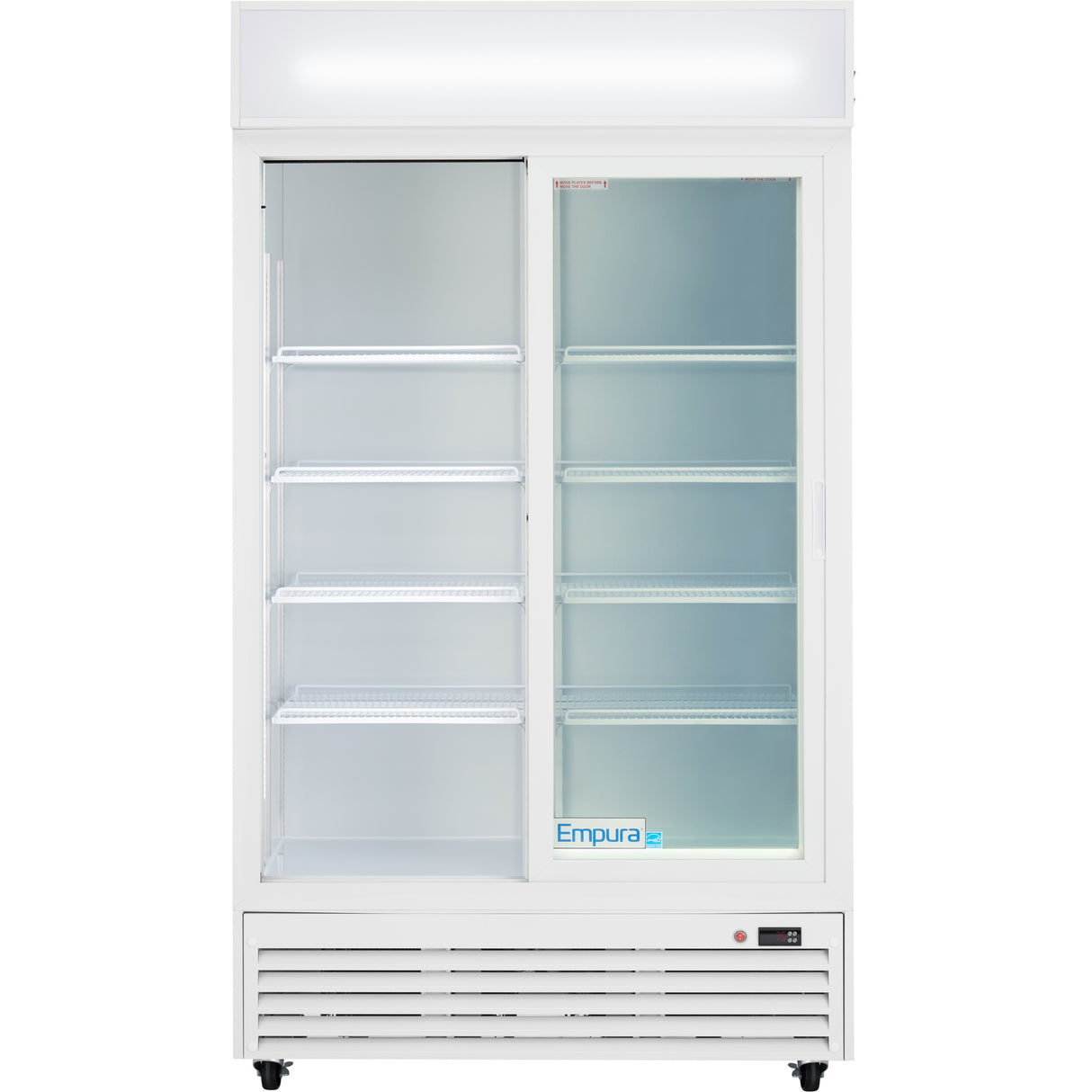 A commercial refrigerated merchandiser with sliding glass doors, white frame, and multiple adjustable shelves. The left side is open, showing empty shelves; the right is closed. Features a vent, digital temperature control panel, and “Empura” branding.