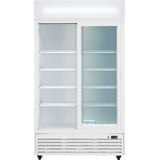 A commercial refrigerated merchandiser with sliding glass doors, white frame, and multiple adjustable shelves. The left side is open, showing empty shelves; the right is closed. Features a vent, digital temperature control panel, and “Empura” branding.
