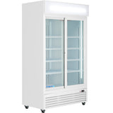 A commercial refrigerated merchandiser, this white upright Empura unit features two glass doors, interior shelves, temperature control, a lit sign panel on top, and wheels for mobility—ideal foodservice equipment for showcasing chilled products. Shelves are empty.