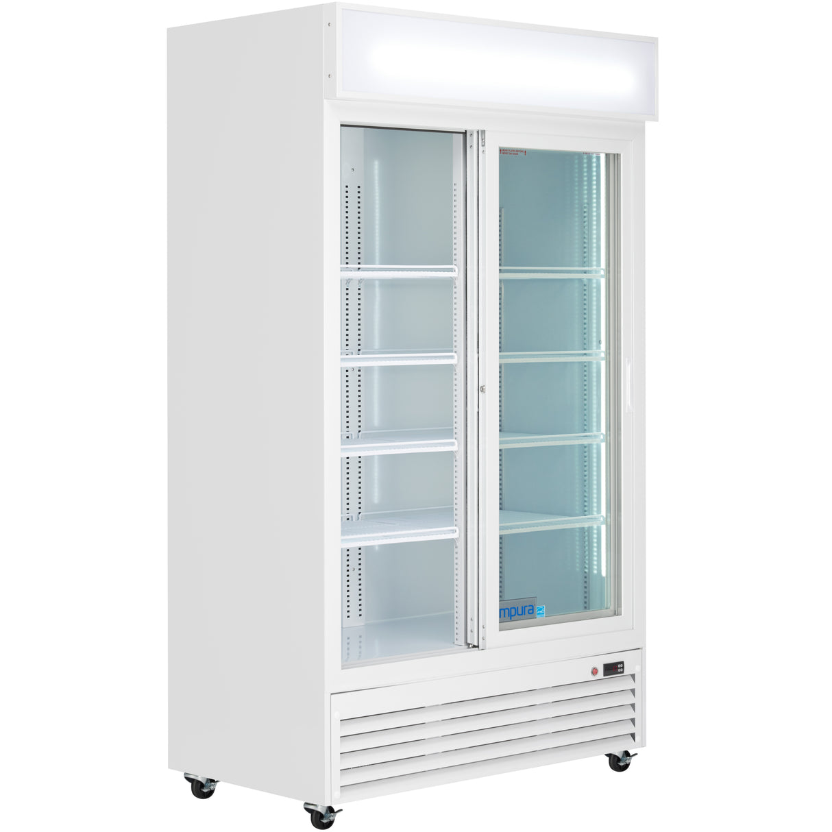 A white commercial refrigerated merchandiser with two sliding glass doors, five adjustable shelves, a vented panel at the bottom, temperature control, and a lighted sign at the top. Ideal foodservice equipment, it stands empty on four small wheels.