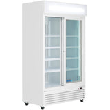 A white commercial refrigerated merchandiser with two sliding glass doors, five adjustable shelves, a vented panel at the bottom, temperature control, and a lighted sign at the top. Ideal foodservice equipment, it stands empty on four small wheels.