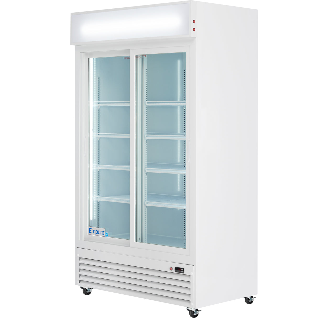 A commercial refrigerated merchandiser by Empura, this white display fridge features two sliding glass doors, adjustable shelves, LED lighting, and precise temperature control. It’s ideal foodservice equipment with wheels for easy mobility and a front vented control panel.