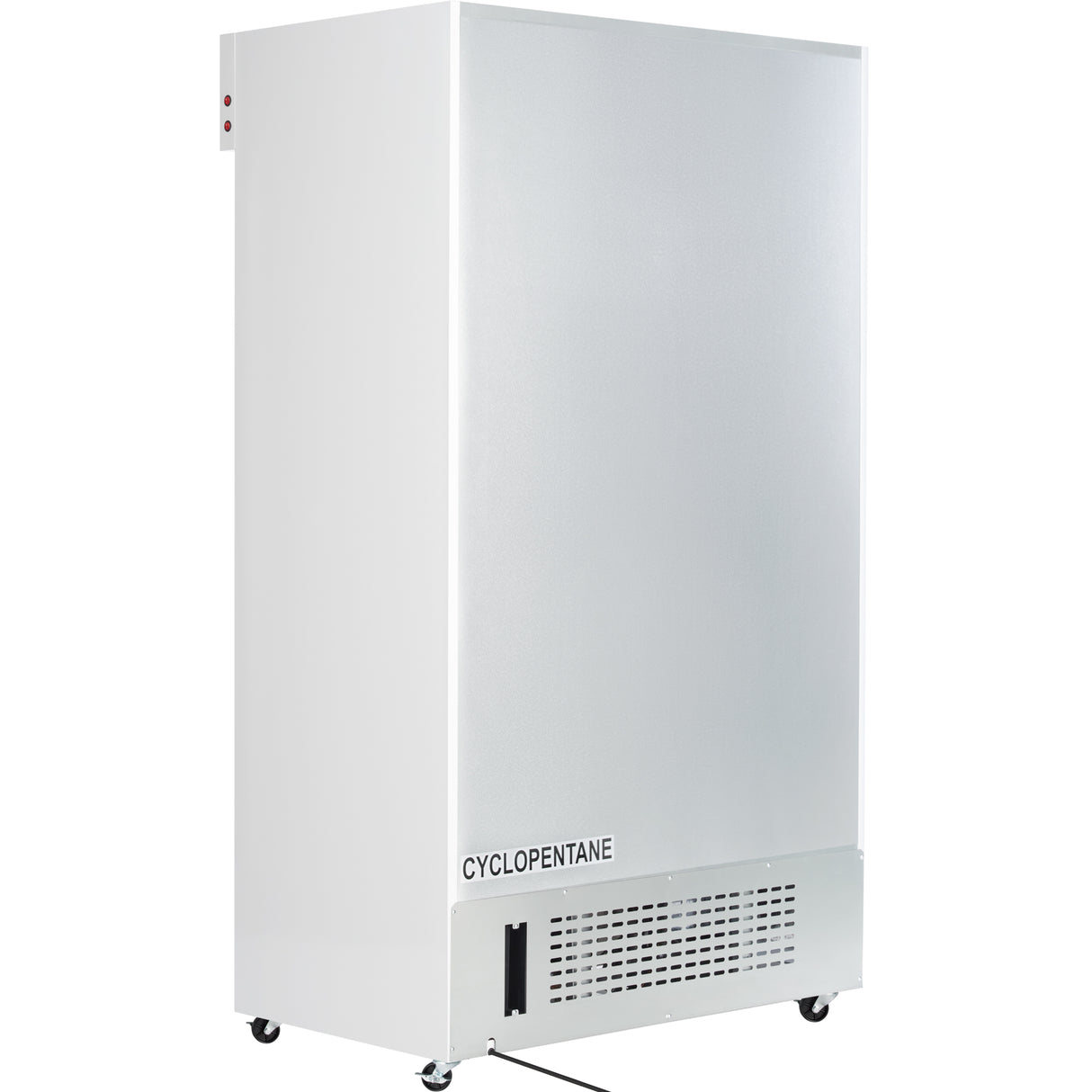 A tall, rectangular white commercial refrigerated merchandiser stands on small wheels. The smooth front panel includes a vented section labeled CYCLOPENTANE and two temperature control indicator lights near the top, making it ideal foodservice equipment.