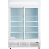 A commercial refrigerated merchandiser with two sliding glass doors, several empty wire shelves, and a white exterior. The Empura Refrigeration ESM-42W name is visible on the lower left, with a digital control panel at the bottom right.