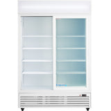 A large, white Empura Refrigeration ESM-42W commercial refrigerated merchandiser with two sliding glass doors and multiple adjustable wire shelves. The well-lit glass door merchandiser is empty, with the Empura label on the bottom right door.