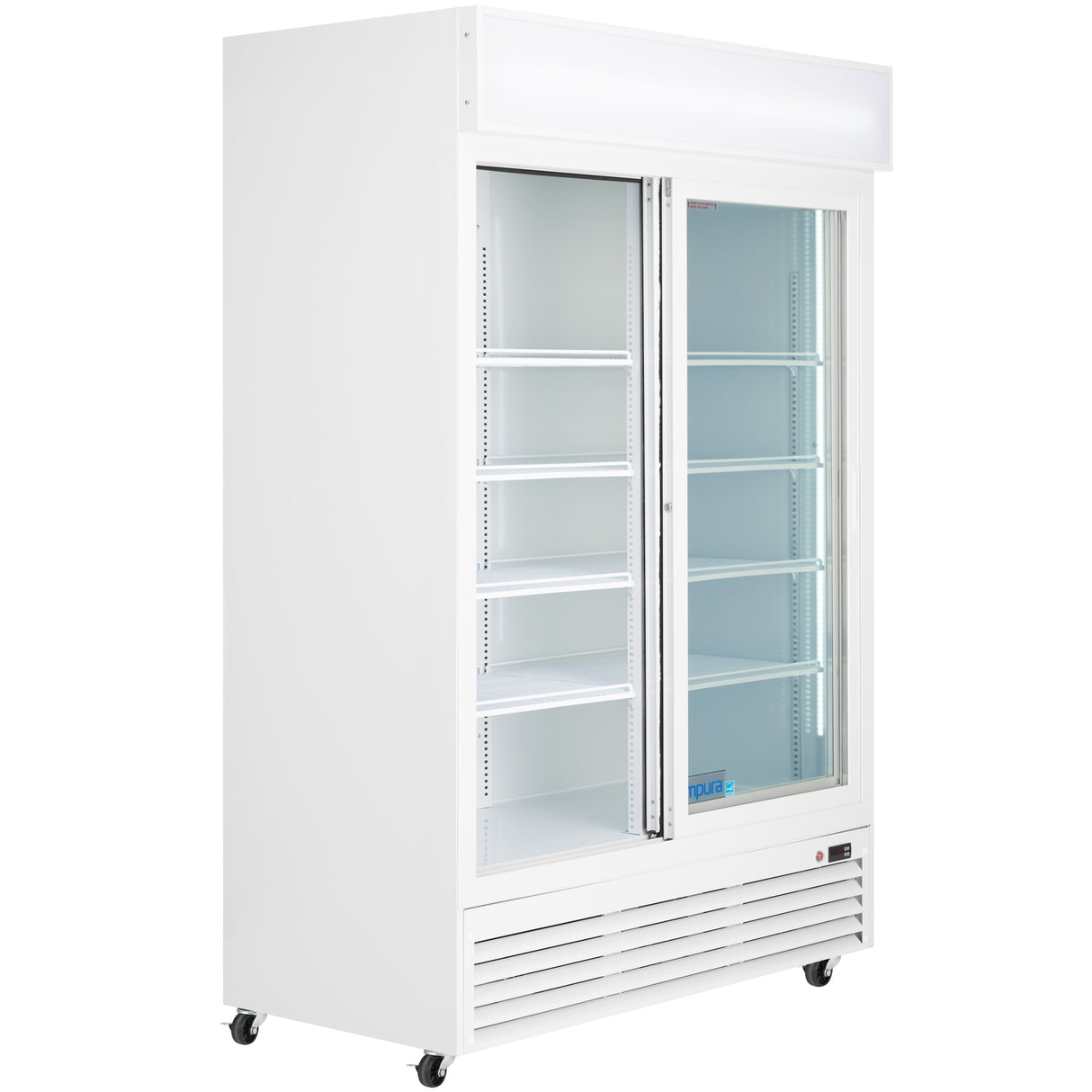 A commercial refrigerated merchandiser, the Empura Refrigeration ESM-42W features two sliding glass doors, interior shelves, a lit top sign panel, bottom ventilation, and four caster wheels for easy mobility. The empty unit highlights its clean interior space.