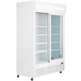 A commercial refrigerated merchandiser, the Empura Refrigeration ESM-42W features two sliding glass doors, interior shelves, a lit top sign panel, bottom ventilation, and four caster wheels for easy mobility. The empty unit highlights its clean interior space.