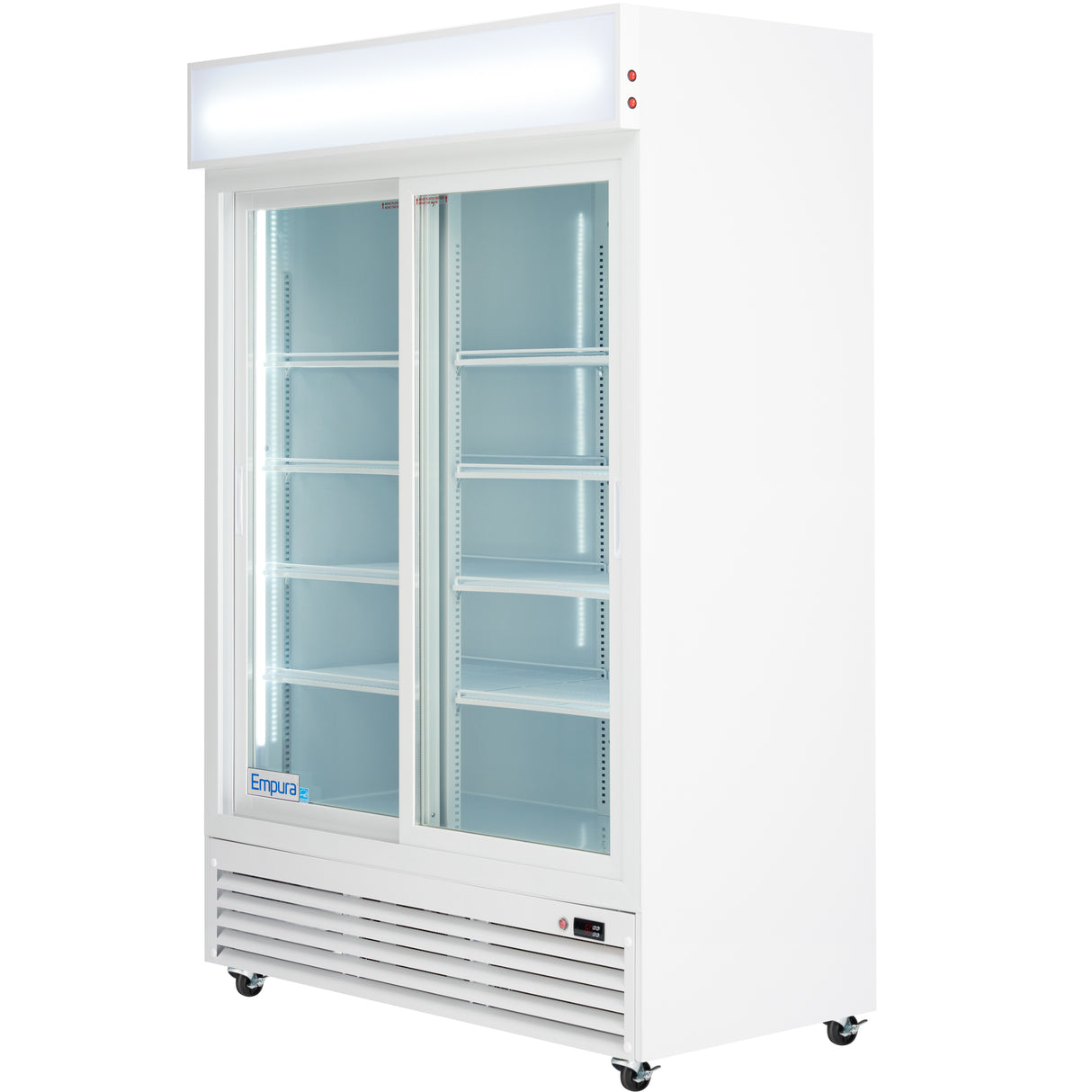 A commercial refrigerated merchandiser with a white exterior, two clear sliding glass doors, and multiple adjustable shelves. The Empura Refrigeration ESM-42W stands on small wheels and features a vent and digital control panel at the bottom front.