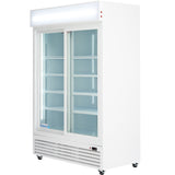 A commercial refrigerated merchandiser with a white exterior, two clear sliding glass doors, and multiple adjustable shelves. The Empura Refrigeration ESM-42W stands on small wheels and features a vent and digital control panel at the bottom front.