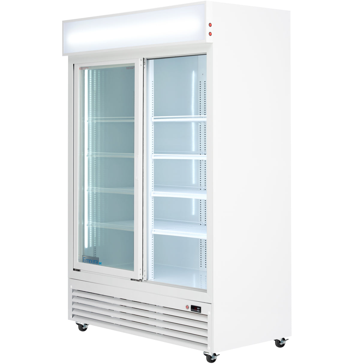The Empura Refrigeration ESM-42W is a commercial glass door merchandiser with a white exterior, two sliding glass doors, adjustable shelves, a lighted sign panel, bottom ventilation grilles, and four caster wheels for effortless mobility.
