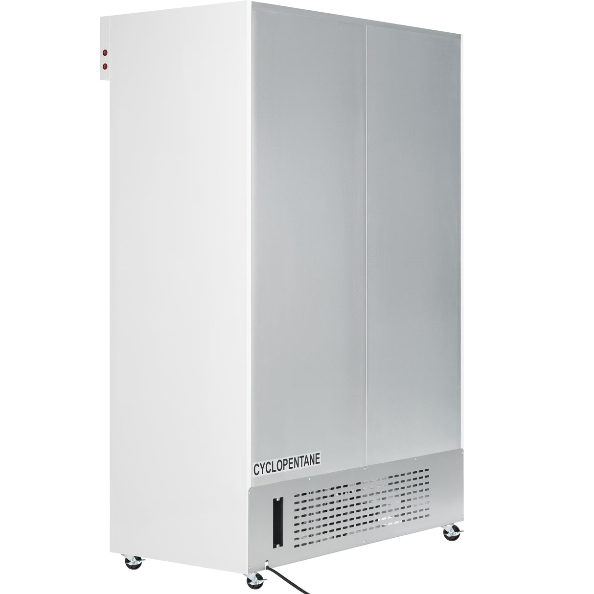 A large, upright Empura Refrigeration ESM-42W commercial refrigerated merchandiser with a plain silver-metal exterior features bottom vents labeled CYCLOPENTANE, stands on four small wheels, and has a power cord extending from the back.