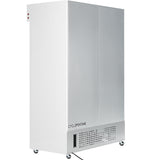 A large, upright Empura Refrigeration ESM-42W commercial refrigerated merchandiser with a plain silver-metal exterior features bottom vents labeled CYCLOPENTANE, stands on four small wheels, and has a power cord extending from the back.