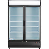 A temperature-controlled Empura EGM-50B commercial refrigerated merchandiser with two clear glass doors, black frame, four empty wire shelves, a white display panel on top, vertical handles, and an Empura logo on the bottom left corner.