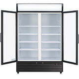 A commercial refrigerated merchandiser with both glass doors open reveals six empty white wire shelves inside. The Empura EGM-50B features a black exterior, door handles, and a bottom panel with a vent and control buttons on the right side.
