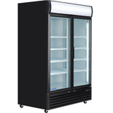 A temperature-controlled display, the Empura EGM-50B is a commercial refrigerated merchandiser featuring black double glass doors, vertical handles, white shelves, wheels, and a white illuminated sign area with the Empura brand labeled on the front.