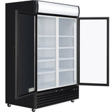 A large Empura EGM-50B commercial refrigerated merchandiser with two glass doors—one open, one closed—reveals empty white shelves. This temperature-controlled display features wheels and a blank illuminated sign atop its modern, sleek black exterior.