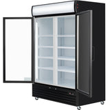 A commercial refrigerated merchandiser, the Empura EGM-50B features black glass double doors—one open, one closed—five white shelves, a blank white display panel, bottom front vent, wheels, and a spacious temperature-controlled display interior.