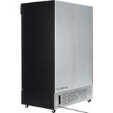 A large, industrial stainless steel Empura EGM-50B commercial refrigerated merchandiser with a black side panel, vented bottom section labeled CYCLOPENTANE, caster wheels, and a visible power cord—offering a sleek, modern temperature-controlled display.