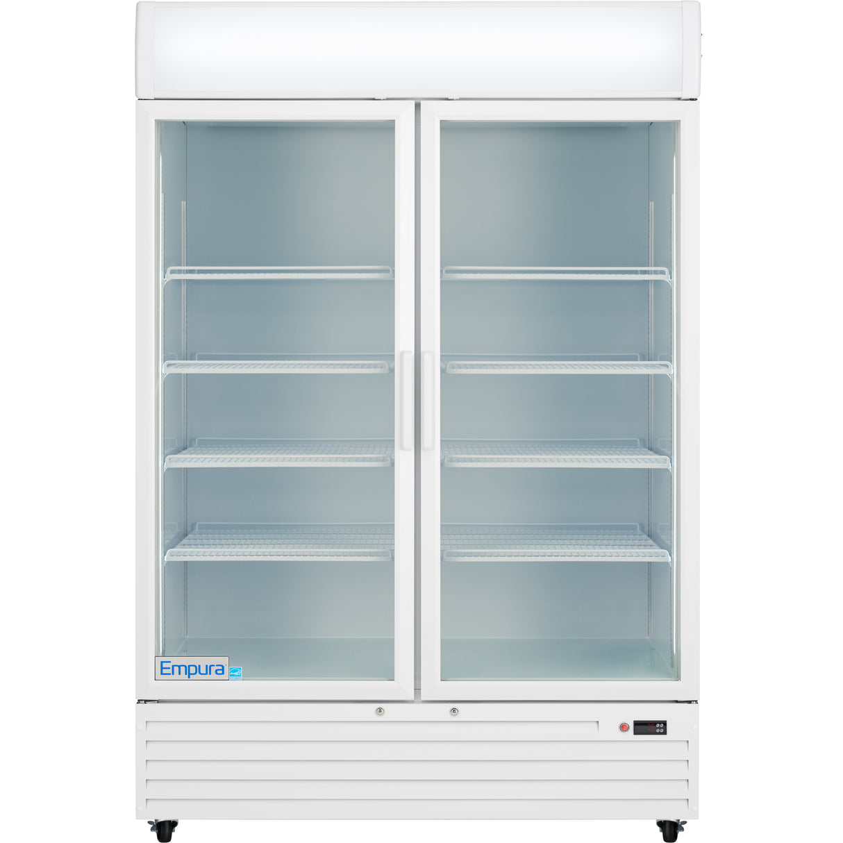 The Empura Refrigeration EGM-50W is a commercial refrigerated merchandiser with double glass doors, five adjustable wire shelves, a digital control panel, and handles on both doors—ideal for foodservice refrigeration needs.