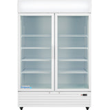 The Empura Refrigeration EGM-50W is a commercial refrigerated merchandiser with double glass doors, five adjustable wire shelves, a digital control panel, and handles on both doors—ideal for foodservice refrigeration needs.