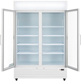A commercial refrigerated merchandiser, the Empura Refrigeration EGM-50W features two wide-open glass doors, six wire shelves, and bright interior lighting. The white unit is empty, with a control panel and ventilation grill visible at the bottom front.