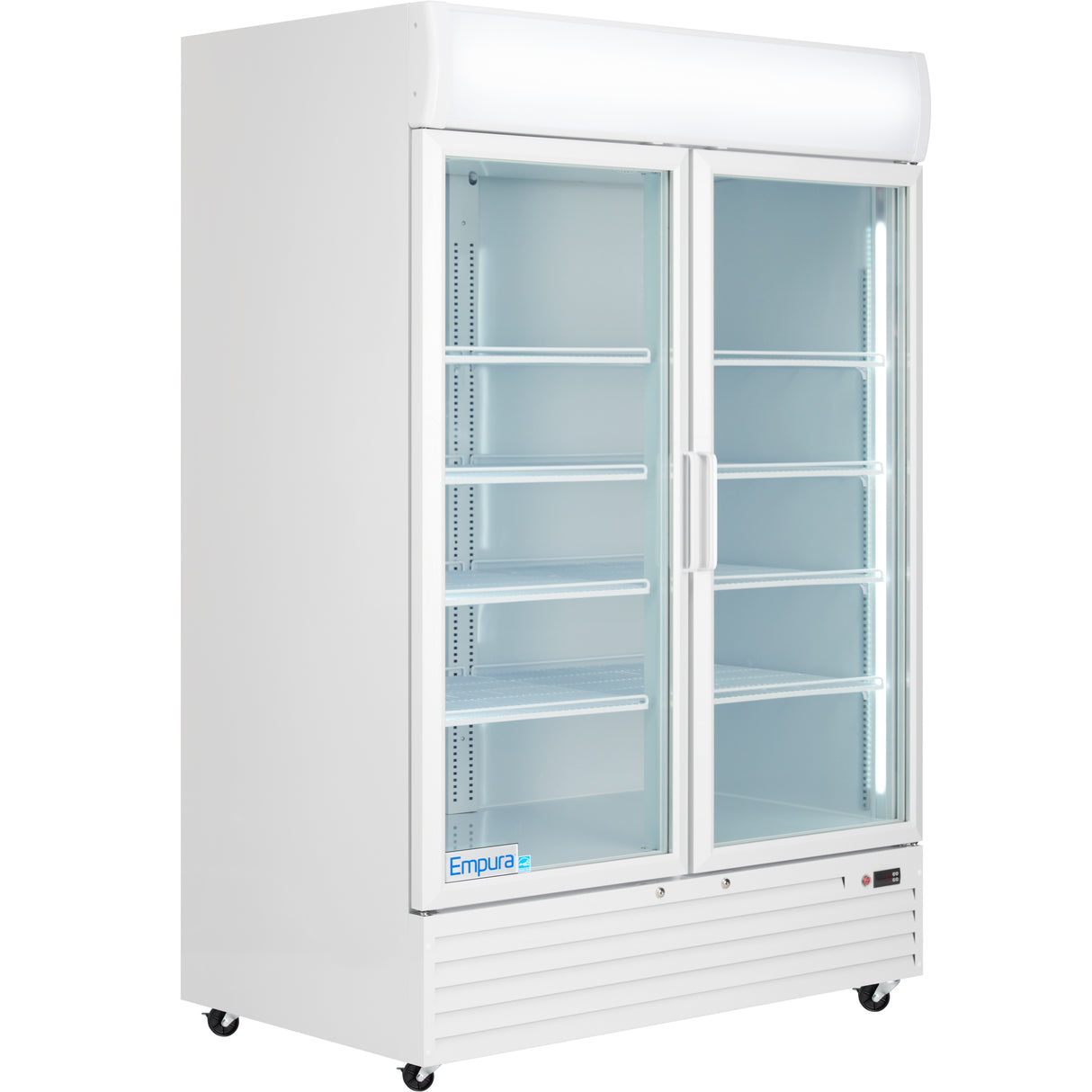 A large, white Empura Refrigeration EGM-50W commercial refrigerated merchandiser features two clear sliding glass doors, interior shelving, LED lighting, and a vented base panel. Ideal for foodservice refrigeration needs, it stands on small wheels and is empty.
