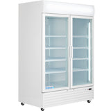 A large, white Empura Refrigeration EGM-50W commercial refrigerated merchandiser features two clear sliding glass doors, interior shelving, LED lighting, and a vented base panel. Ideal for foodservice refrigeration needs, it stands on small wheels and is empty.