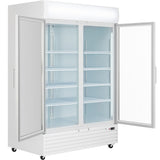 The Empura Refrigeration EGM-50W is a commercial refrigerated merchandiser featuring a white frame, two large sliding doors (one open, one closed), adjustable wire shelves, and caster wheels—ideal for versatile foodservice refrigeration needs.