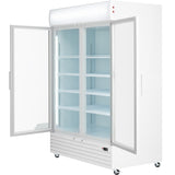 The Empura Refrigeration EGM-50W is a commercial refrigerated merchandiser featuring a glass double door, six adjustable shelves, bright interior lighting, and wheels for mobility—ideal for versatile foodservice refrigeration needs.