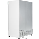 A large Empura Refrigeration EGM-50W commercial refrigerated merchandiser stands on four small wheels. The front features vented panels labeled CYCLOPENTANE, two red indicator lights on the side, and a black cord extending from the unit.