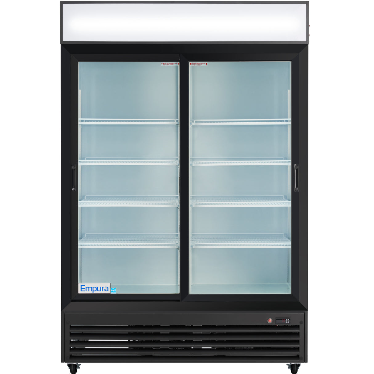 A commercial merchandiser refrigerator with a black frame, two sliding glass doors, a white illuminated top panel, and four empty white wire shelves for refrigerated storage. The Empura logo is visible on the bottom left corner of the fridge.