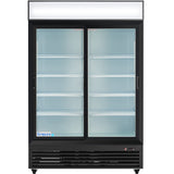A commercial merchandiser refrigerator with a black frame, two sliding glass doors, a white illuminated top panel, and four empty white wire shelves for refrigerated storage. The Empura logo is visible on the bottom left corner of the fridge.