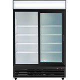 A commercial merchandiser refrigerator with two sliding doors, a black frame, and four adjustable white shelves. The left door is frosted, the right is clear for product display, and the Empura logo appears inside on the lower right.