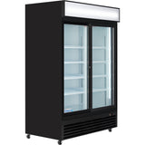 A merchandiser refrigerator with a black exterior, two sliding glass doors, and adjustable shelves offers flexible refrigerated storage. It features castor wheels and a blank white lighted display panel at the top for custom signage.