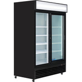 A commercial black merchandiser refrigerator with two large sliding glass doors, white interior, multiple adjustable shelves, a blank illuminated sign on top, and caster wheels for mobility. This refrigerated storage unit stands empty against a plain white background.