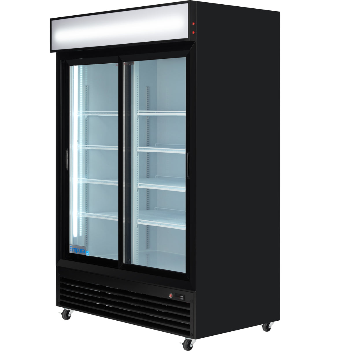 A large merchandiser refrigerator with a black exterior, glass double doors, interior shelves, bright lighting, and caster wheels. This commercial refrigeration unit features an illuminated blank top panel for signage and offers spacious refrigerated storage.
