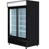 A large merchandiser refrigerator with a black exterior, glass double doors, interior shelves, bright lighting, and caster wheels. This commercial refrigeration unit features an illuminated blank top panel for signage and offers spacious refrigerated storage.