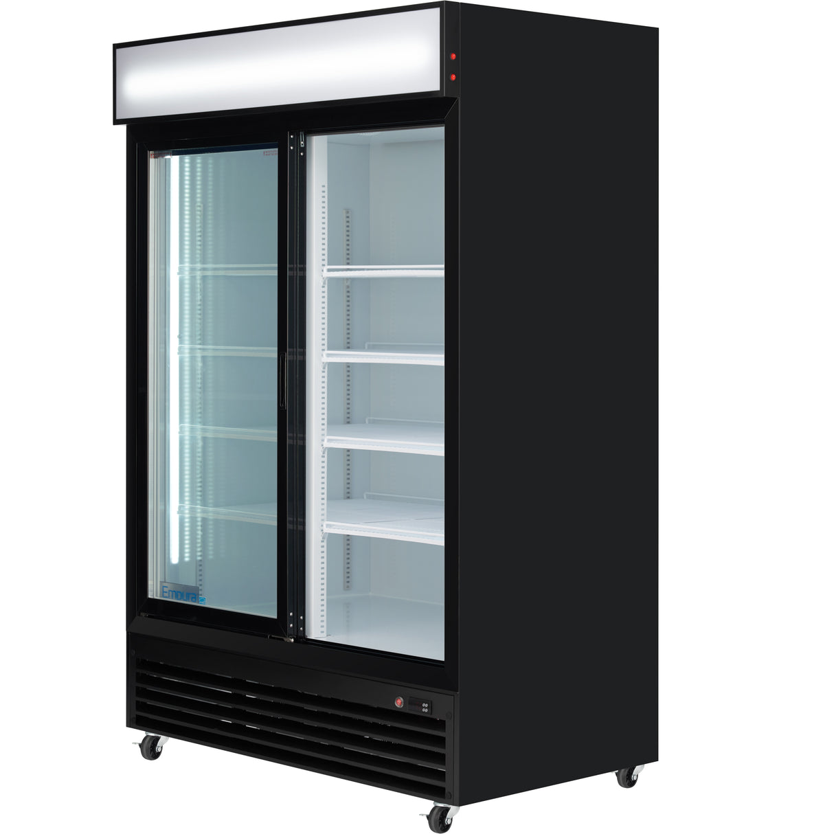 A large, black merchandiser refrigerator with glass sliding doors and interior shelves. The fridge is empty, lit by vertical LED lights inside, and sits on four small wheels. The top features a blank white sign panel for commercial refrigeration use.