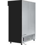 A large, rectangular, silver and black merchandiser refrigerator stands on four small wheels. The front panel has ventilation slots and the word CYCLOPENTANE printed on it. A power cord extends from the bottom; its surface appears smooth and metallic.