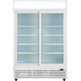 A refrigerated merchandiser featuring glass sliding doors, a white frame, and multiple empty shelves. The unit showcases the Empura refrigeration logo on the lower left door, with a lit top display and ventilation grilles at the bottom.