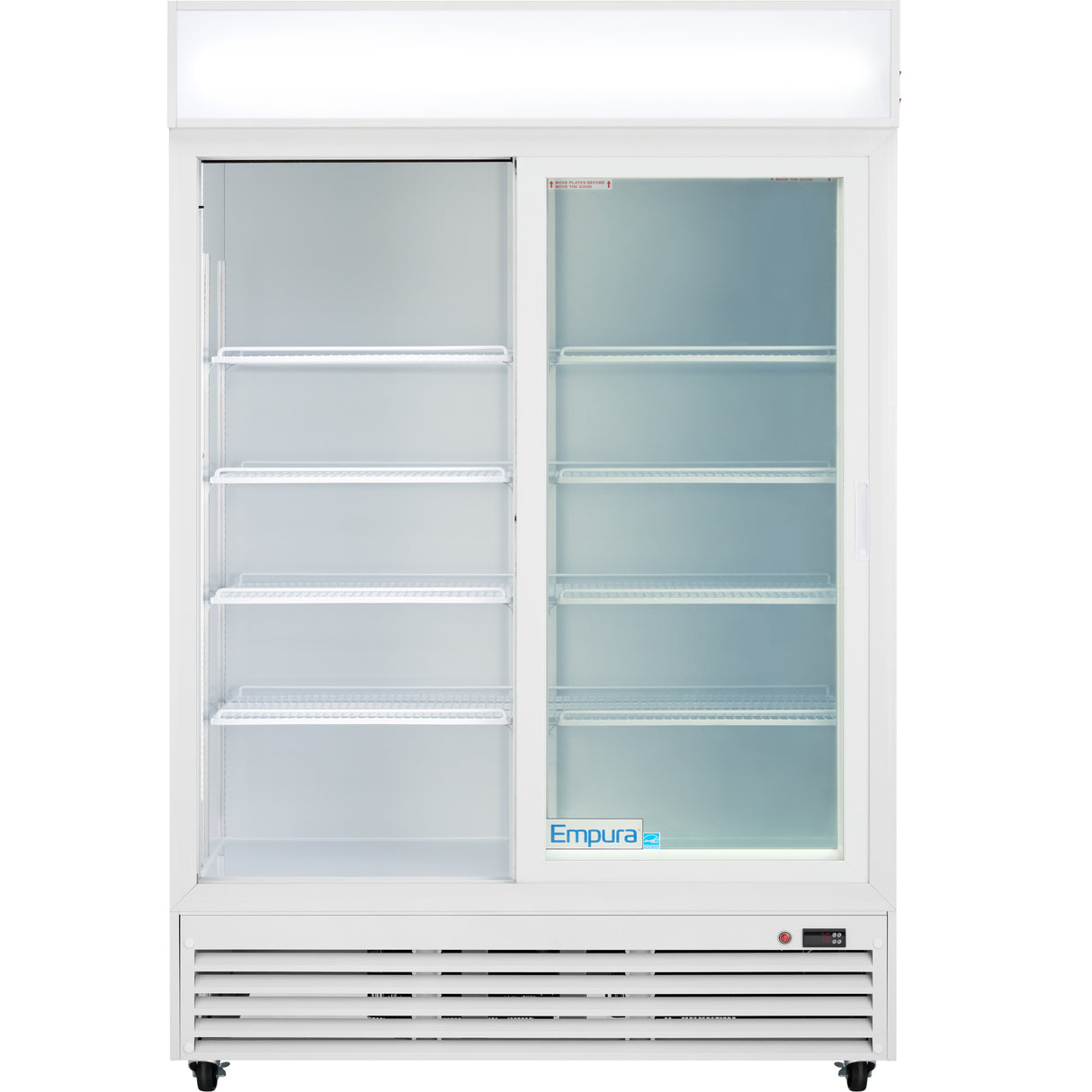 A commercial Empura refrigeration glass-door refrigerated merchandiser with a white frame, sliding glass doors, and multiple adjustable shelves. The left transparent door reveals four empty shelves; the right frosted side shows three. Empura logo at the bottom.